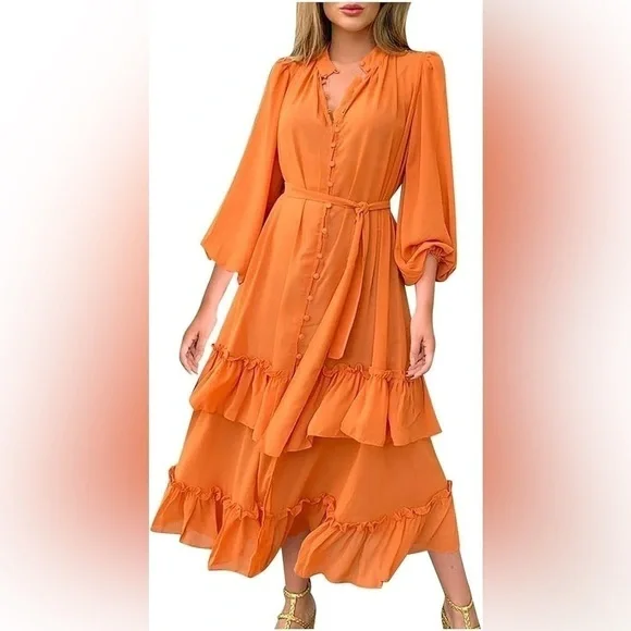 Women's Layered Ruffle Maxi Dress - Picture 1 of 13